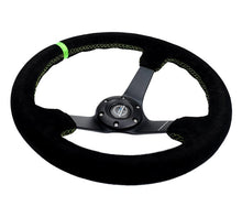 Load image into Gallery viewer, NRG Reinforced Steering Wheel 350mm/3in. Deep Blk Suede/ Neon Green Stitch w/5mm Matte Black Spoke - Corvette Realm