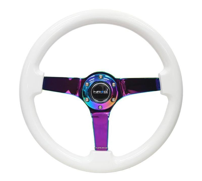 NRG Reinforced Steering Wheel (350mm / 3in. Deep) Classic White w/4mm Neochrome Solid 3-Spoke - Corvette Realm