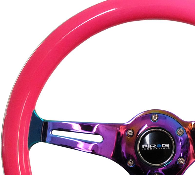 NRG Classic Wood Grain Steering Wheel (350mm) Neon Pink Painted Grip w/Neochrome 3-Spoke Center - Corvette Realm