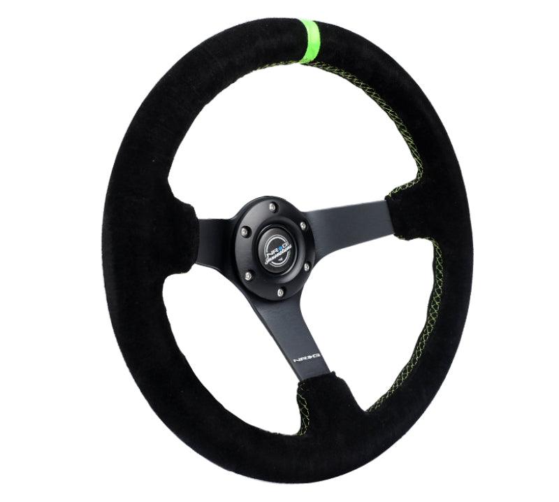 NRG Reinforced Steering Wheel 350mm/3in. Deep Blk Suede/ Neon Green Stitch w/5mm Matte Black Spoke - Corvette Realm