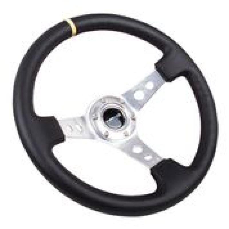 NRG Reinforced Steering Wheel (350mm / 3in. Deep) Blk Leather w/Circle Cut Spokes & Single Yellow CM - Corvette Realm