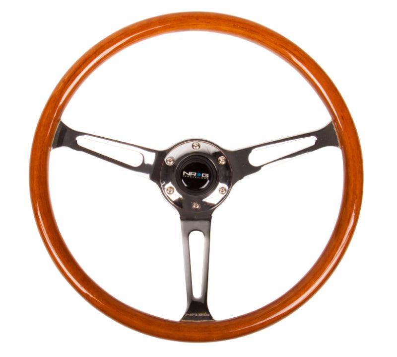 NRG Reinforced Steering Wheel (360mm) Classic Wood Grain w/Chrome Cutout 3-Spoke Center - Corvette Realm