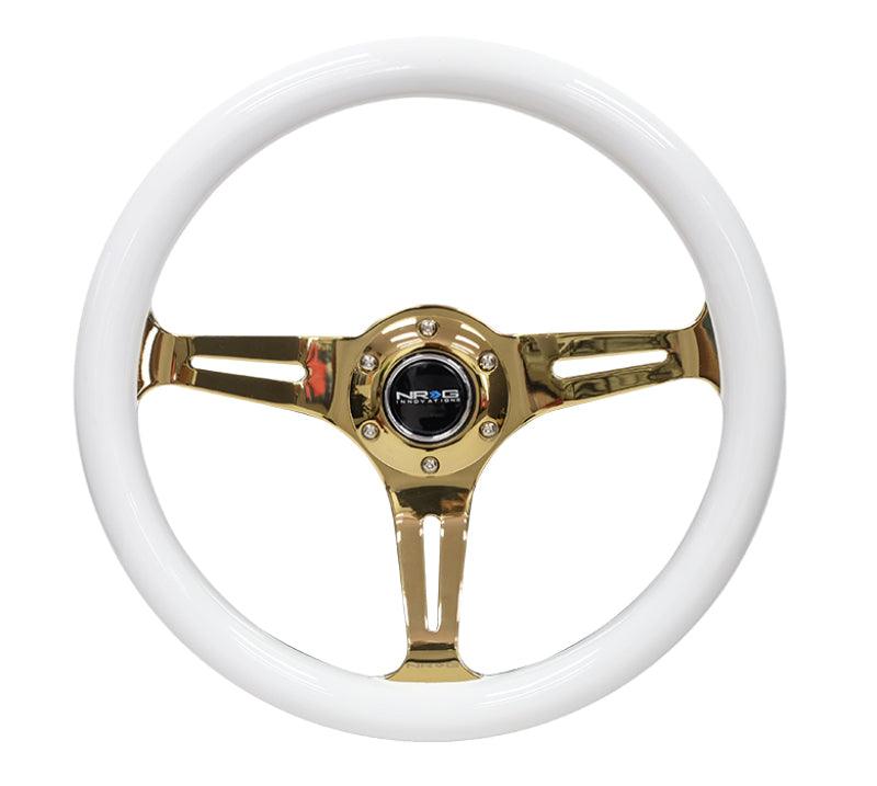 NRG Classic Wood Grain Steering Wheel (350mm) White Grip w/Chrome Gold 3-Spoke Center - Corvette Realm