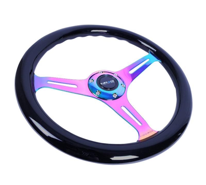 NRG Classic Wood Grain Steering Wheel (350mm) Black Paint Grip w/Neochrome 3-Spoke Center - Corvette Realm