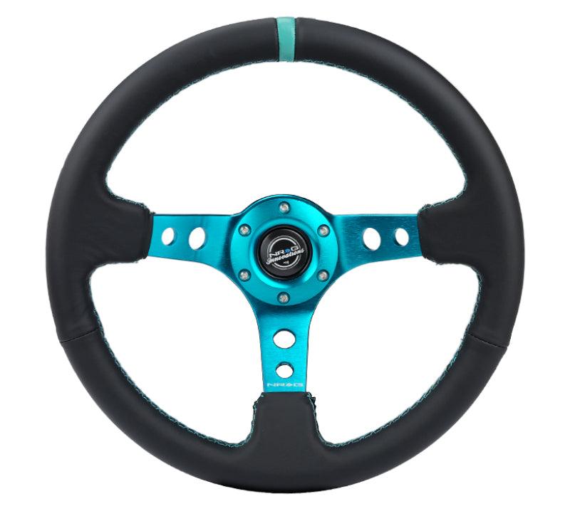 NRG Reinforce Steering Wheel (350mm / 3in. Deep) Blk Leather, Teal Center Mark w/ Teal Stitching - Corvette Realm