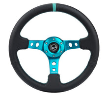 Load image into Gallery viewer, NRG Reinforce Steering Wheel (350mm / 3in. Deep) Blk Leather, Teal Center Mark w/ Teal Stitching - Corvette Realm