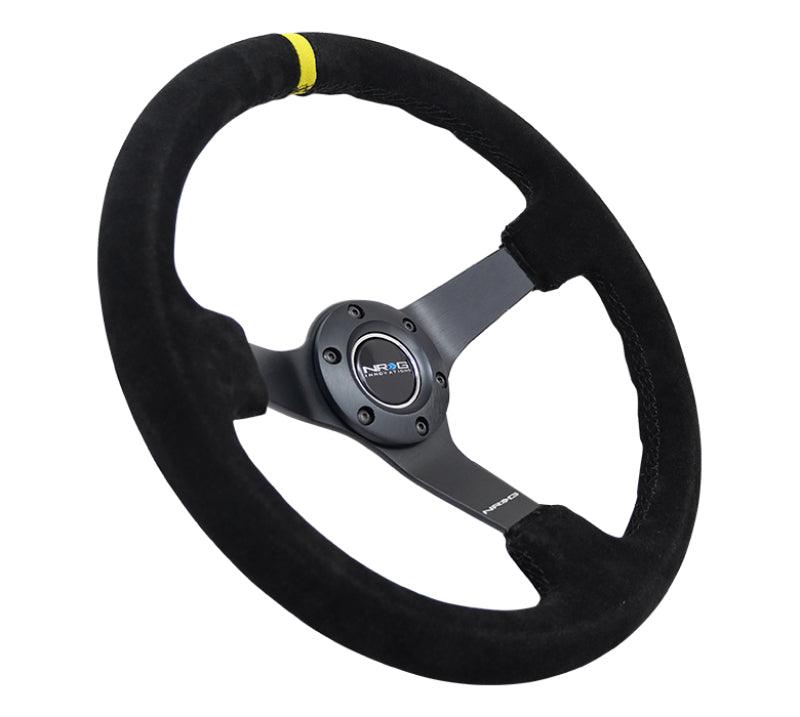 NRG Reinforced Steering Wheel (350mm / 3in. Deep) Blk Suede/X-Stitch w/5mm Blk Spoke & Yellow CM - Corvette Realm