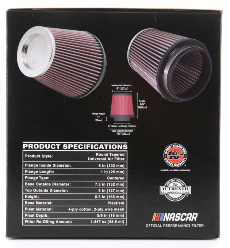 K&N Round Tapered Universal Air Filter 6in Flange ID x 7.5in Base OD x 5in Top OD x 6.5in Height - Corvette Realm