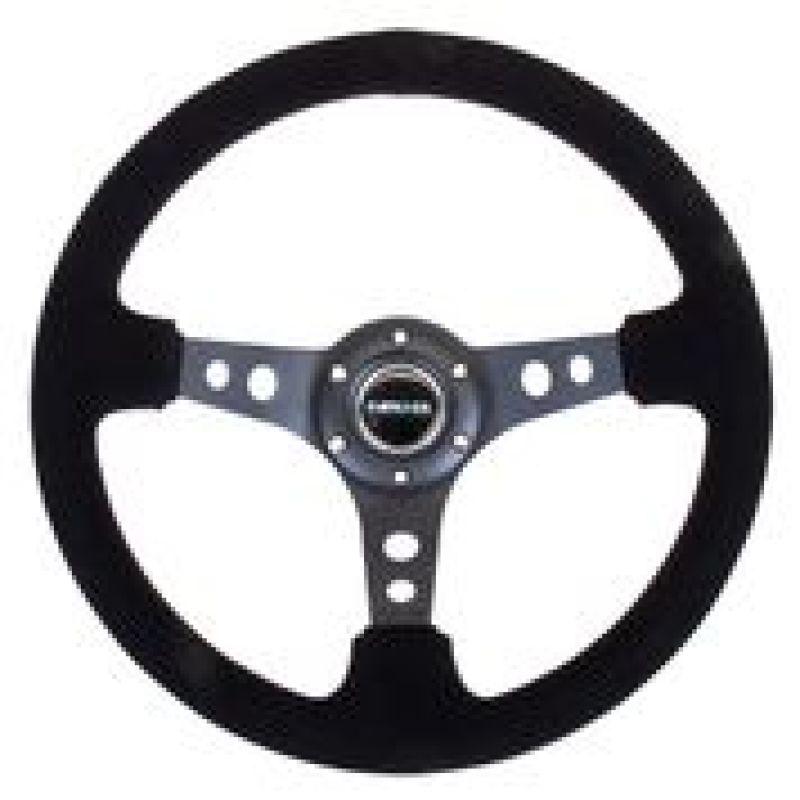 NRG Reinforced Steering Wheel (350mm / 3in. Deep) Blk Suede/Blk Stitch w/Black Circle Cutout Spokes - Corvette Realm