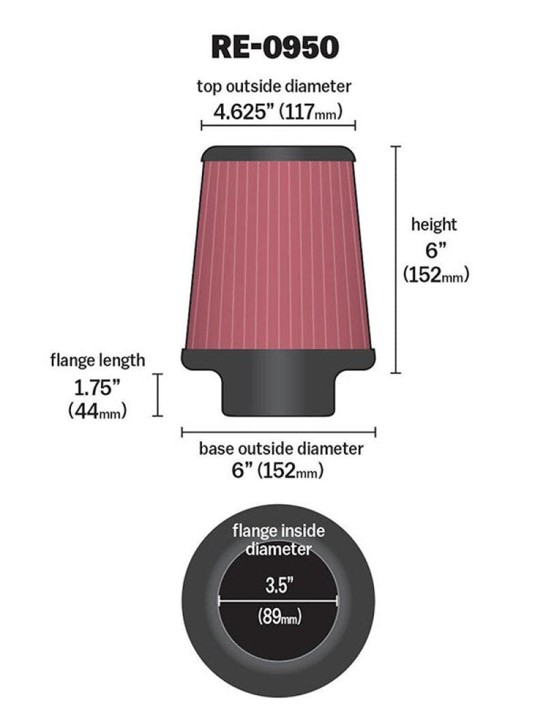 K&N Universal Rubber Filter 3 1/2inch ID FLG / 6inch Base / 4-5/8inch Top / 6inch Height - Corvette Realm