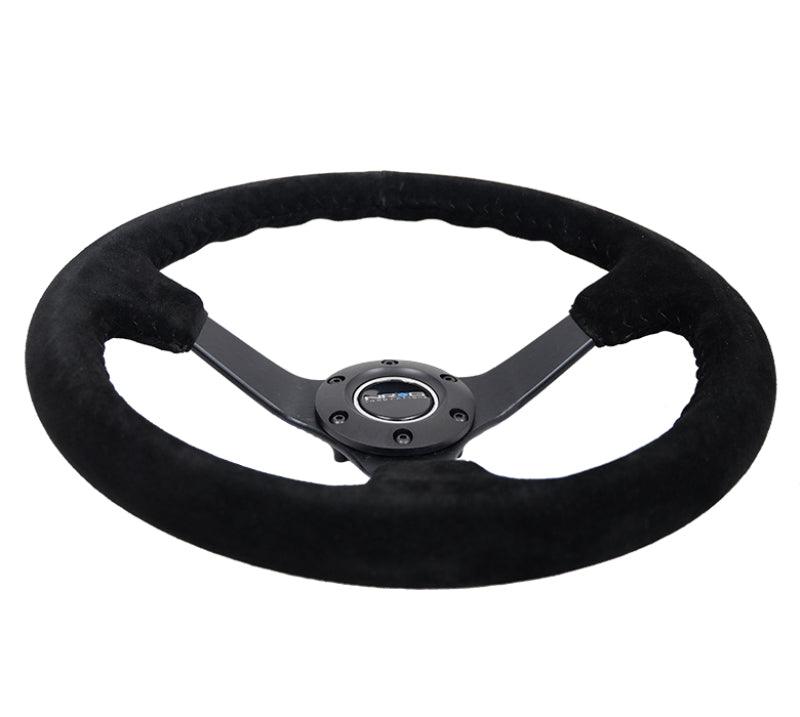 NRG Reinforced Steering Wheel (350mm / 3in. Deep) Blk Suede/Blk Bball Stitch w/5mm Matte Black Spoke - Corvette Realm