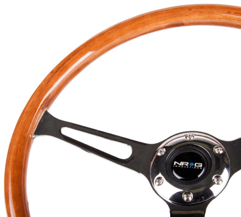 NRG Reinforced Steering Wheel (360mm) Classic Wood Grain w/Chrome Cutout 3-Spoke Center - Corvette Realm