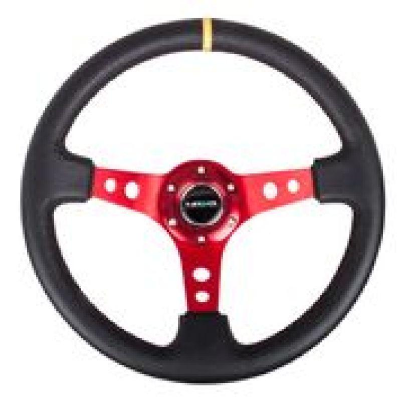 NRG Reinforced Steering Wheel (350mm / 3in. Deep) Blk Leather w/Red Spokes & Sgl Yellow Center Mark - Corvette Realm