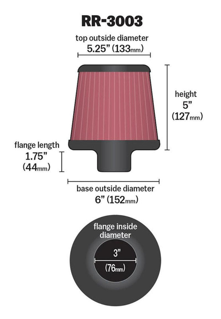 K&N Universal Filter 3 inch Flange 6 inch Base 5 1/4 inch Top 5 inch Height w/ Polished Top - Corvette Realm