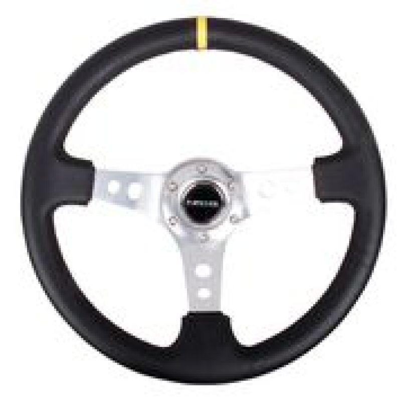 NRG Reinforced Steering Wheel (350mm / 3in. Deep) Blk Leather w/Circle Cut Spokes & Single Yellow CM - Corvette Realm