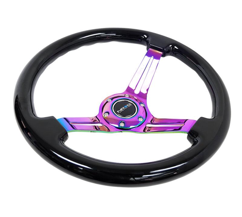 NRG Reinforced Steering Wheel (350mm / 3in. Deep) Blk Wood w/Blk Matte Spoke/Neochrome Center Mark - Corvette Realm