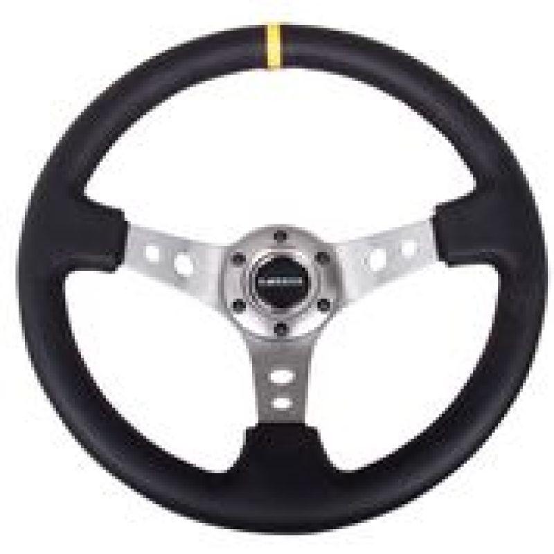 NRG Reinforced Steering Wheel (350mm / 3in. Deep) Blk Leather w/Gunmetal Cutout Spoke & Yellow CM - Corvette Realm