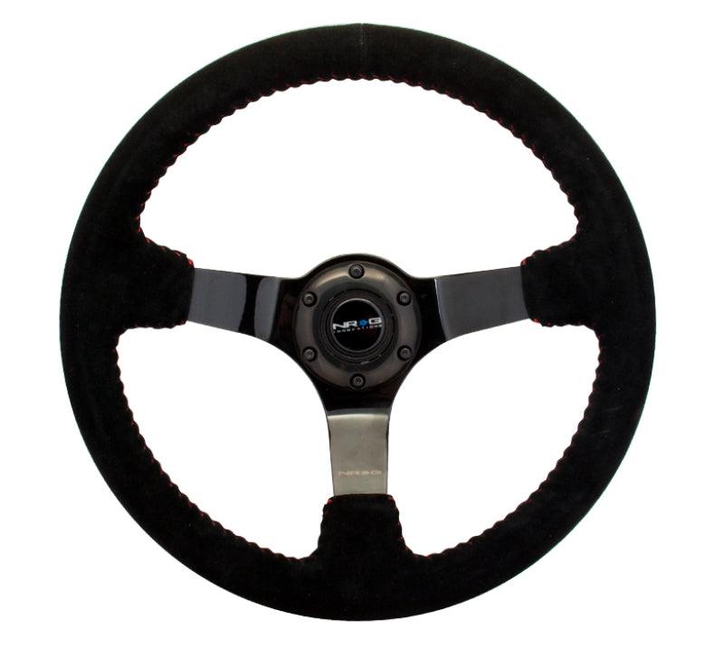 NRG Reinforced Steering Wheel (350mm / 3in. Deep) Blk Suede w/Red BBall Stitch & Black 3-Spoke - Corvette Realm