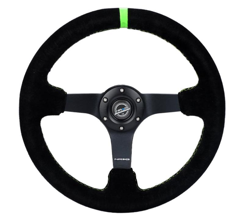 NRG Reinforced Steering Wheel 350mm/3in. Deep Blk Suede/ Neon Green Stitch w/5mm Matte Black Spoke - Corvette Realm