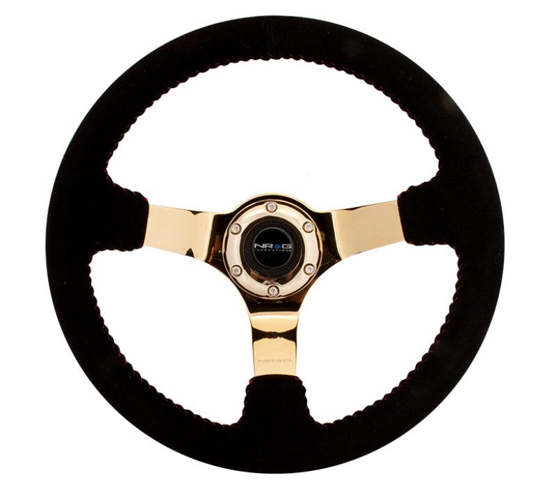 NRG Reinforced Steering Wheel (350mm / 3in. Deep) Blk Suede w/Red BBall Stitch & Chrome Gold 3-Spoke - Corvette Realm