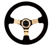 Load image into Gallery viewer, NRG Reinforced Steering Wheel (350mm / 3in. Deep) Blk Suede w/Red BBall Stitch &amp; Chrome Gold 3-Spoke - Corvette Realm