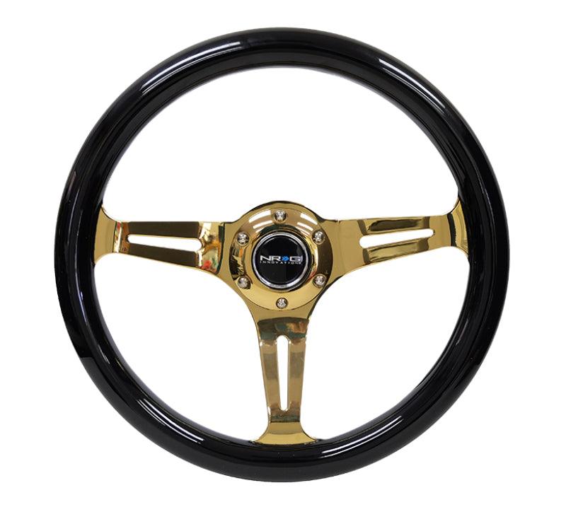 NRG Classic Wood Grain Steering Wheel (350mm) Black Grip w/Chrome Gold 3-Spoke Center - Corvette Realm