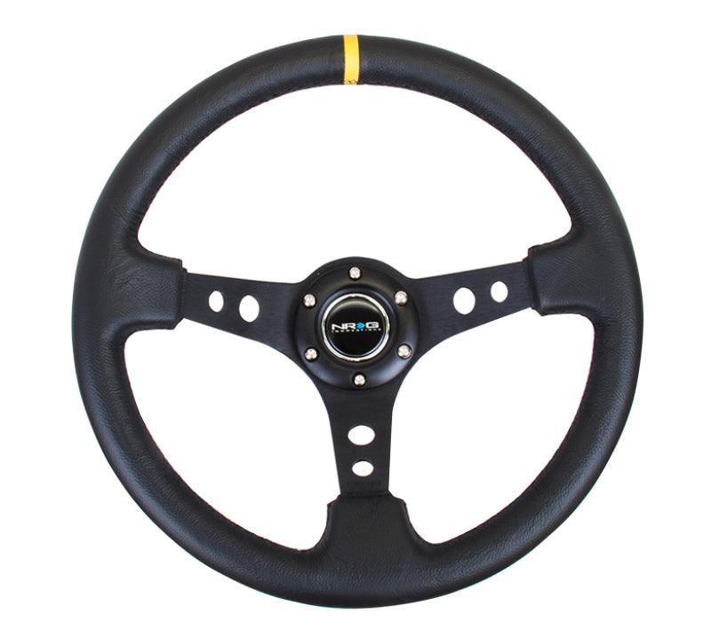 NRG Reinforced Steering Wheel (350mm / 3in. Deep) Blk Leather w/Blk Cutout Spoke/Yellow Center Mark - Corvette Realm