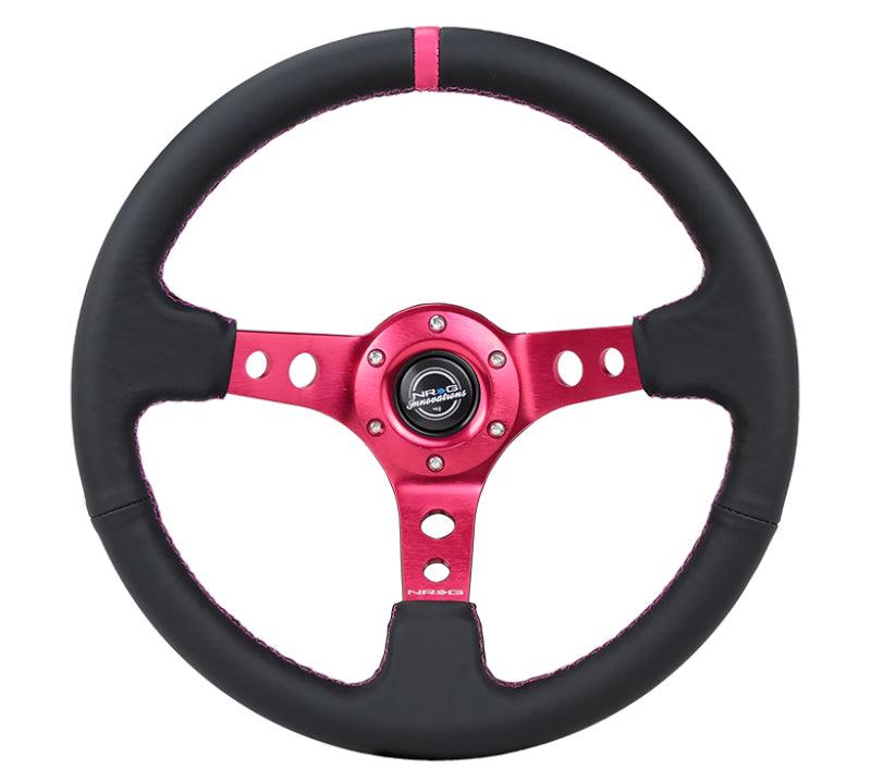 NRG Reinforced Steering Wheel (350mm/3in. Deep) Black Leather/ Fushia Center Mark/ Fushia Stitching - Corvette Realm