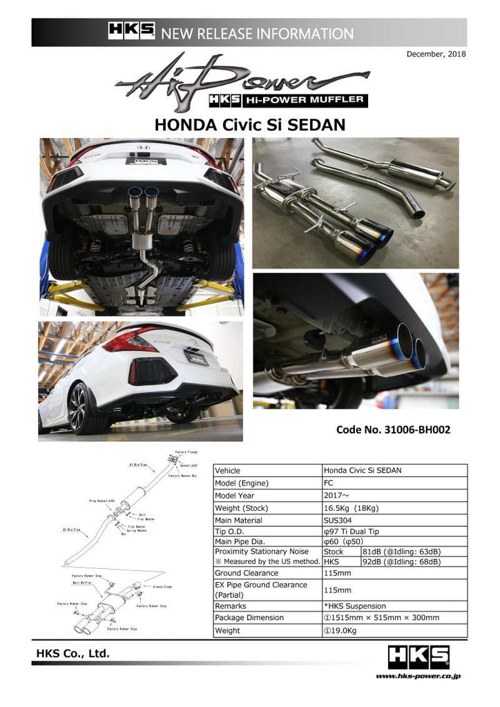 HKS 17+ Honda Civic Si Sedan (FC) Hi-Power Muffler Exhaust - Corvette Realm