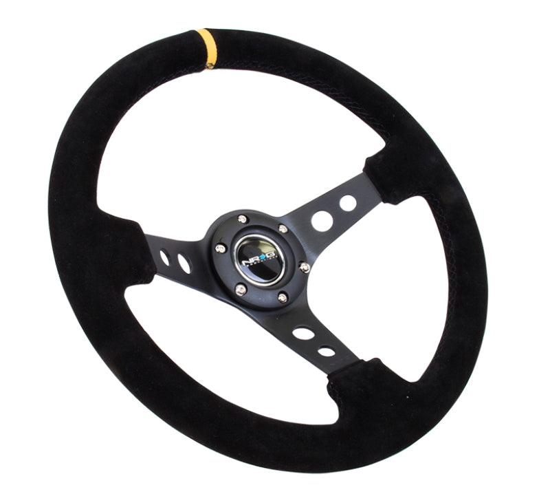 NRG Reinforced Steering Wheel (350mm / 3in. Deep) Blk Suede w/Circle Cut Spokes & Single Yellow CM - Corvette Realm