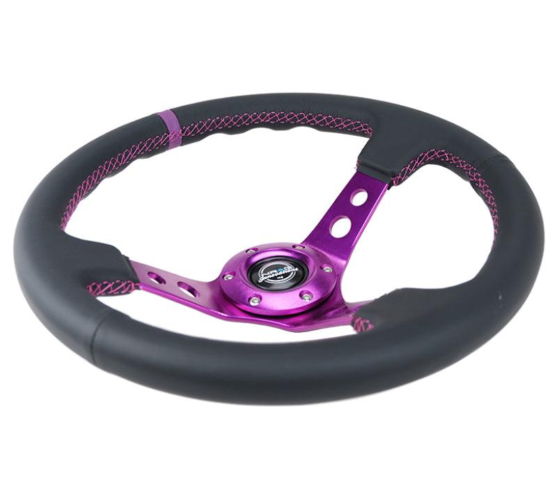 NRG Reinforced Steering Wheel (350mm / 3in. Deep) Black Leather w/Purple Center & Purple Stitching - Corvette Realm