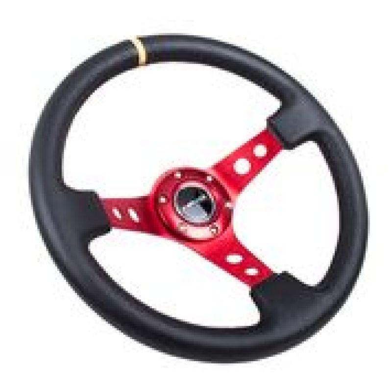 NRG Reinforced Steering Wheel (350mm / 3in. Deep) Blk Leather w/Red Spokes & Sgl Yellow Center Mark - Corvette Realm