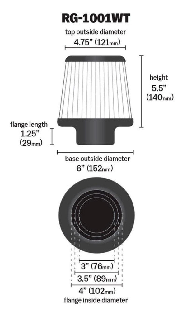 K&N Universal Filter Chrome Round Tapered White - 4in Flange ID x 1.125in Flange Length x 5.5in H - Corvette Realm