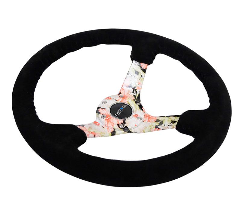 NRG Reinforced Steering Wheel (350mm / 3in. Deep) Blk Suede Floral Dipped w/ Blk Baseball Stitch - Corvette Realm