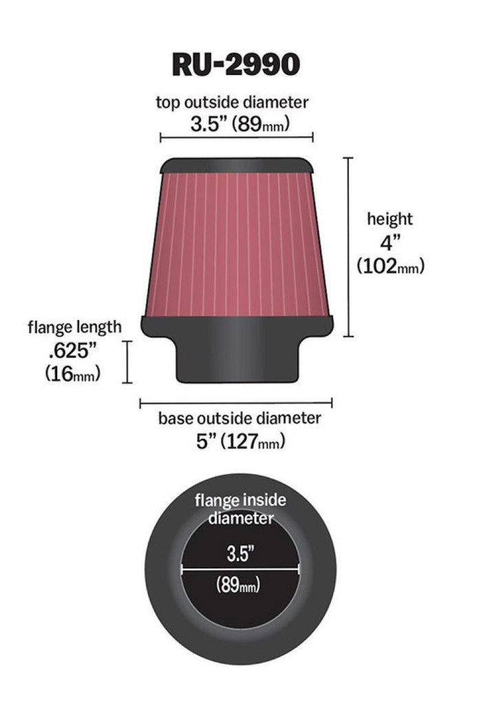 K&N Filter Universal Rubber Filter 3 1/2 inch Flange 5 inch Base 3 1/2 inch Top 4 inch Height - Corvette Realm