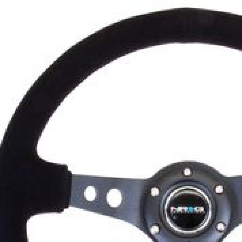 NRG Reinforced Steering Wheel (350mm / 3in. Deep) Blk Suede/Blk Stitch w/Black Circle Cutout Spokes - Corvette Realm