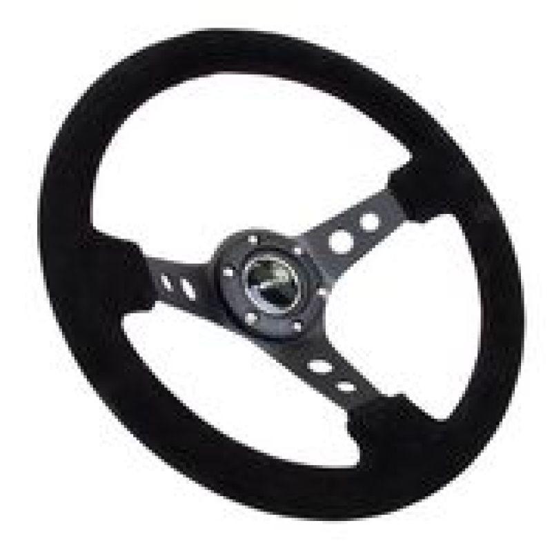 NRG Reinforced Steering Wheel (350mm / 3in. Deep) Blk Suede/Blk Stitch w/Black Circle Cutout Spokes - Corvette Realm