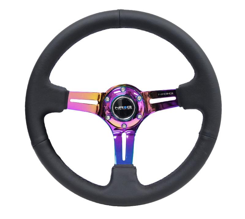 NRG Reinforced Steering Wheel (350mm / 3in. Deep) Blk Leather/Blk Stitch w/Neochrome Slits - Corvette Realm