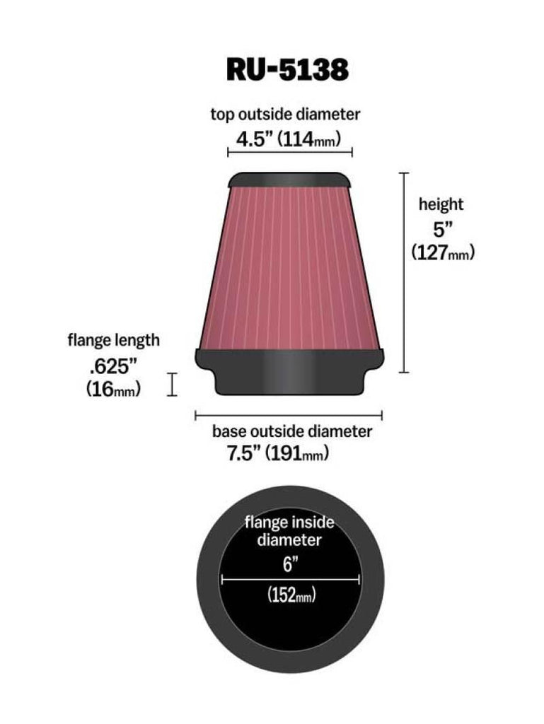 K&N Universal Clamp-On Air Filter 6in FLG / 7-1/2in B / 4-1/2in T / 5in H - Corvette Realm