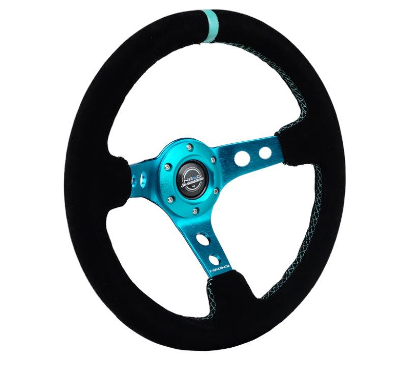 NRG Reinforced Steering Wheel (350mm/ 3in. Deep) Black Suede/ Teal Center Mark/ Teal Stitching - Corvette Realm