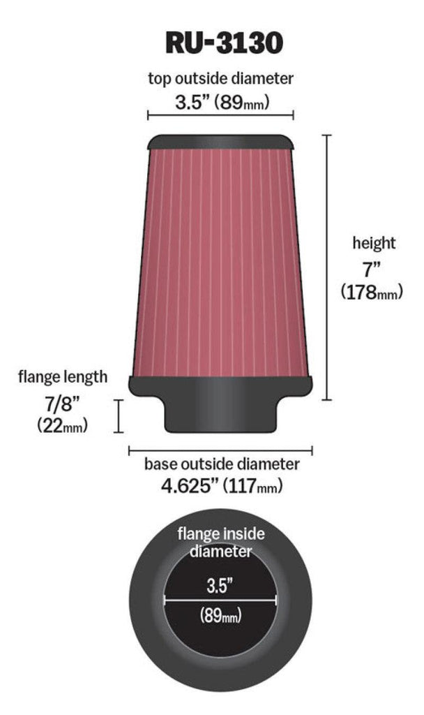 K&N Filter Universal Rubber Filter 3 1/2 inch Flange 4 5/8 inch Base 3 1/2 inch Top 7 inch Height - Corvette Realm