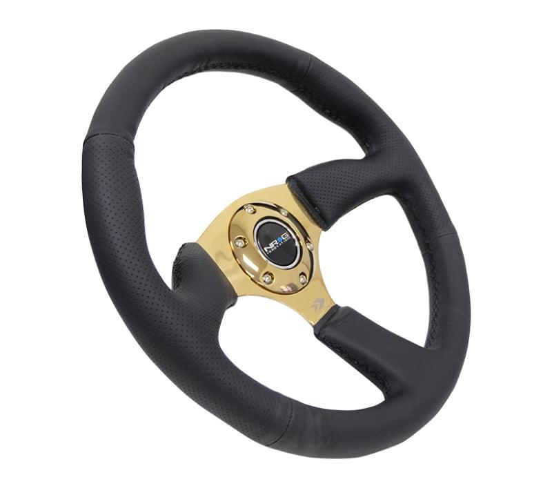 NRG Reinforced Steering Wheel (350mm / 2.5in. Deep) Leather Race Comfort Grip w/4mm Gold Spokes - Corvette Realm