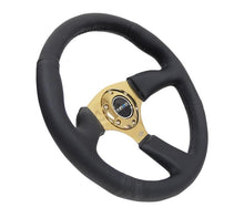 Load image into Gallery viewer, NRG Reinforced Steering Wheel (350mm / 2.5in. Deep) Leather Race Comfort Grip w/4mm Gold Spokes - Corvette Realm