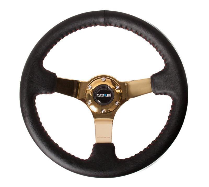 NRG Reinforced Steering Wheel (350mm / 3in. Deep) Blk Leather/Red BBall Stitch w/4mm Gold Spokes - Corvette Realm