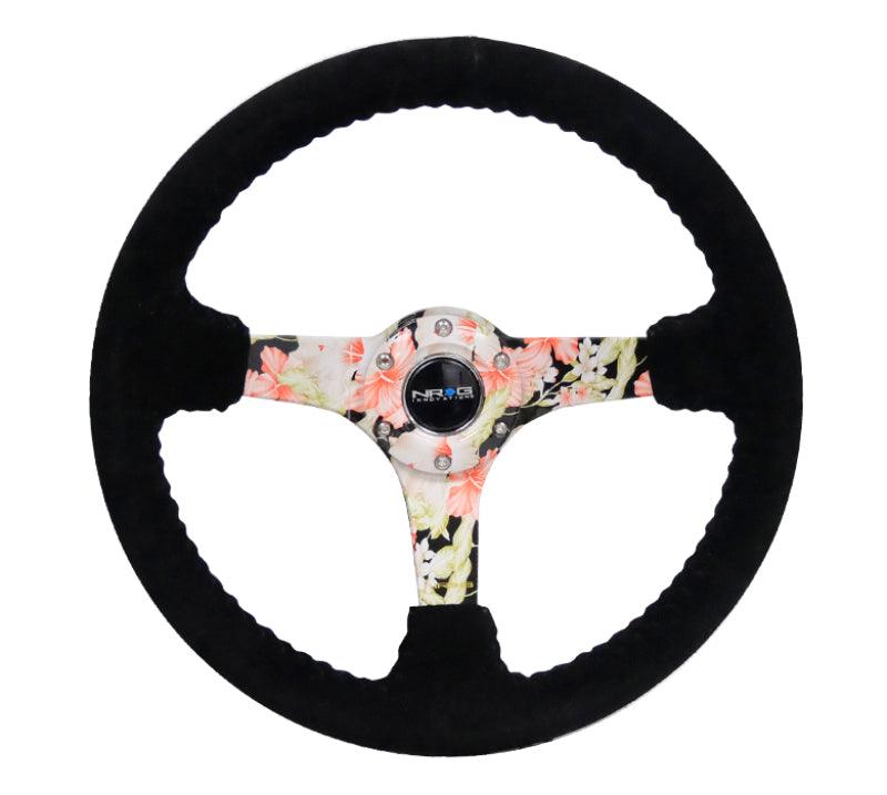 NRG Reinforced Steering Wheel (350mm / 3in. Deep) Blk Suede Floral Dipped w/ Blk Baseball Stitch - Corvette Realm