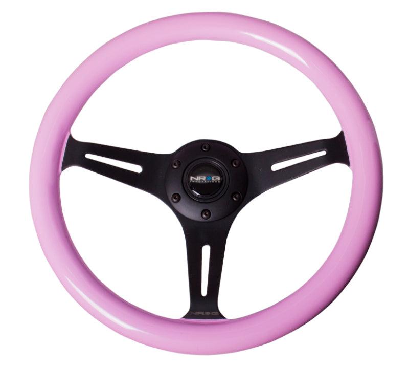 NRG Classic Wood Grain Steering Wheel (350mm) Solid Pink Painted Grip w/Black 3-Spoke Center - Corvette Realm