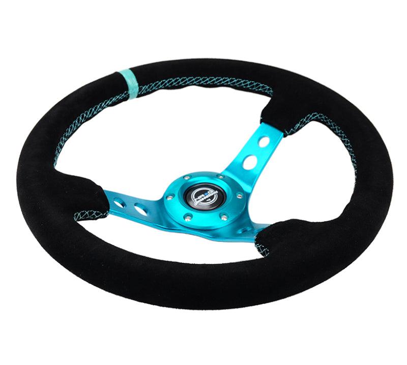 NRG Reinforced Steering Wheel (350mm/ 3in. Deep) Black Suede/ Teal Center Mark/ Teal Stitching - Corvette Realm