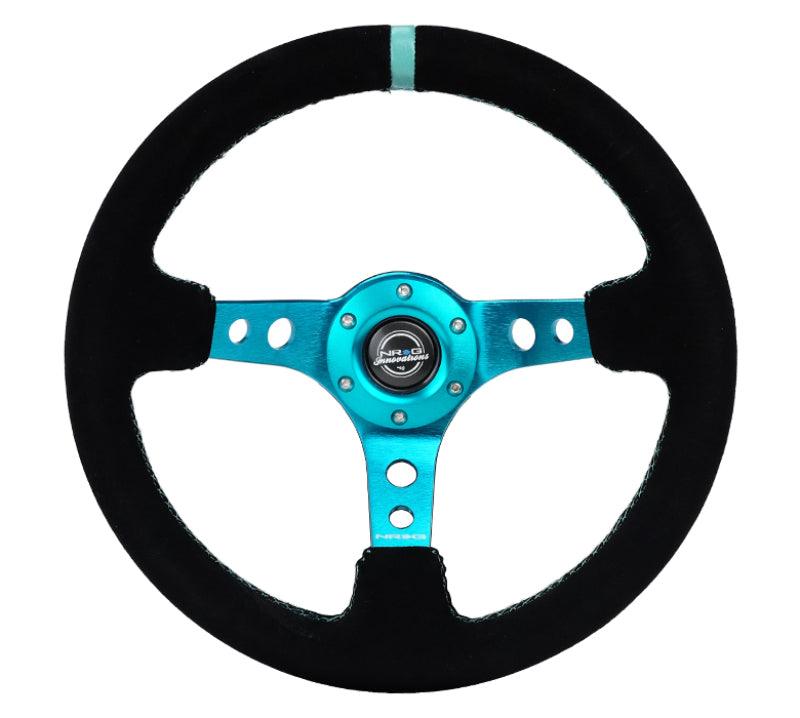 NRG Reinforced Steering Wheel (350mm/ 3in. Deep) Black Suede/ Teal Center Mark/ Teal Stitching - Corvette Realm