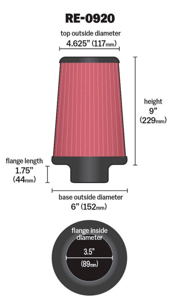 K&N Universal Rubber Filter 3 1/2inch ID FLG / 6inch Base / 4-5/8inch Top / 9inch Height - Corvette Realm