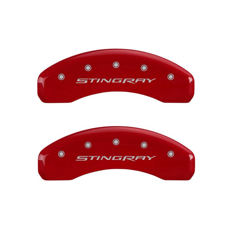 MGP 4 Caliper Covers Engraved Front & Rear Stingray Red finish silver ch - Corvette Realm